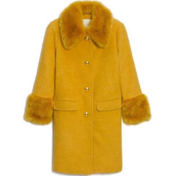 ๐ฅ๐SHOWSTOPPER!๐๐ฅKATE SPADE YELLOW FLUFFY WOOL COAT W/ FUR COLLAR & CUFFS - Picture 3 of 16